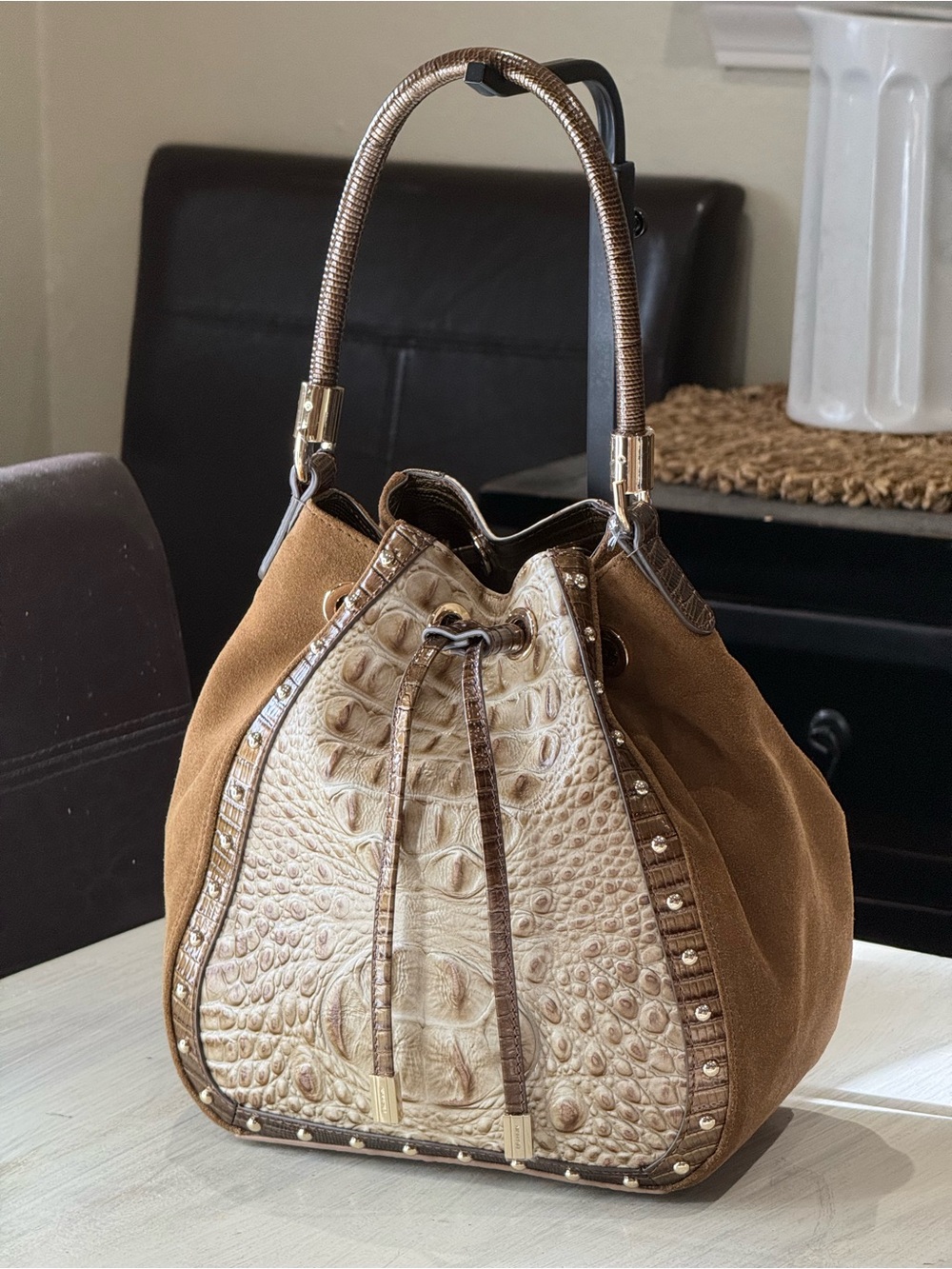 Brahmin Melinda Taupe Ensemble Brown Suede & Cream Drawstring Bucket Crossbody